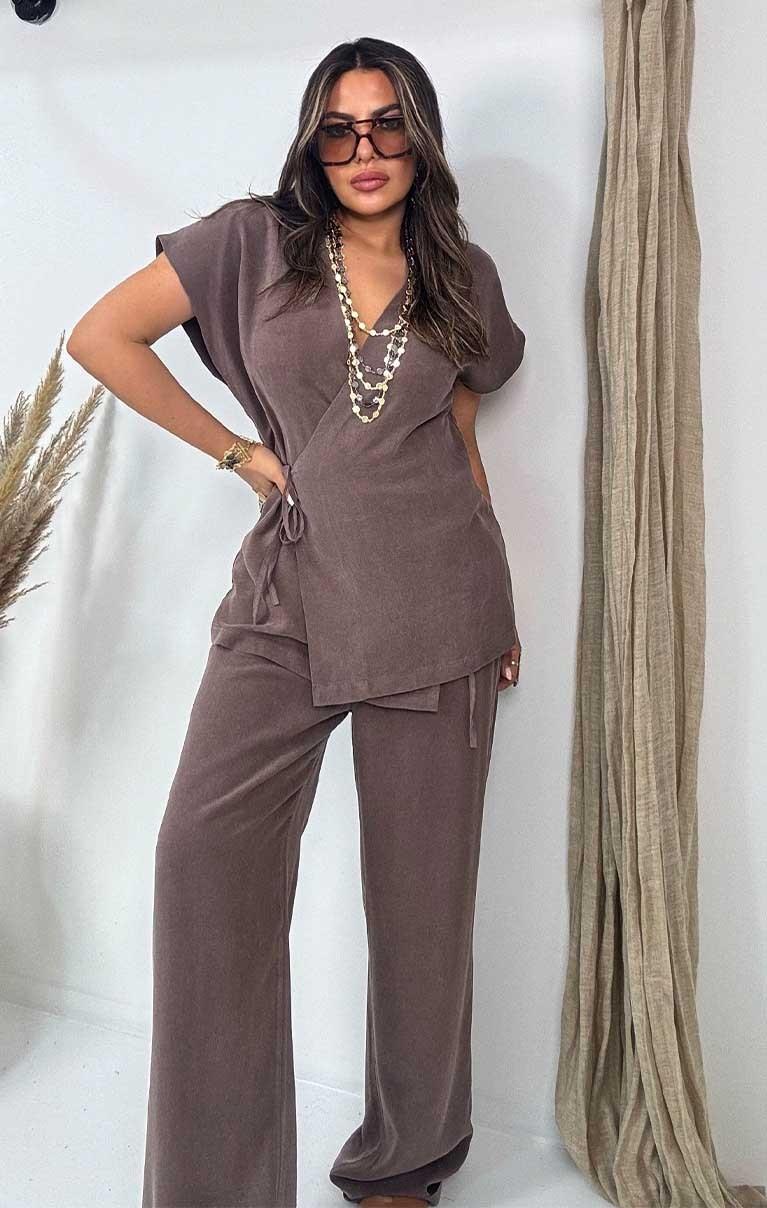 Yıkamalı Tencel Kumaş Bağcıklı Takım Acı Kahve