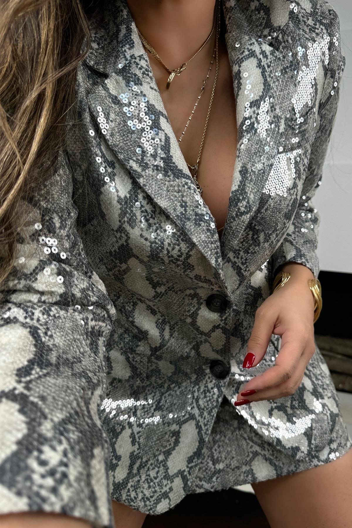 Yılan Derisi Baskı Payet Blazer Ceket Gri