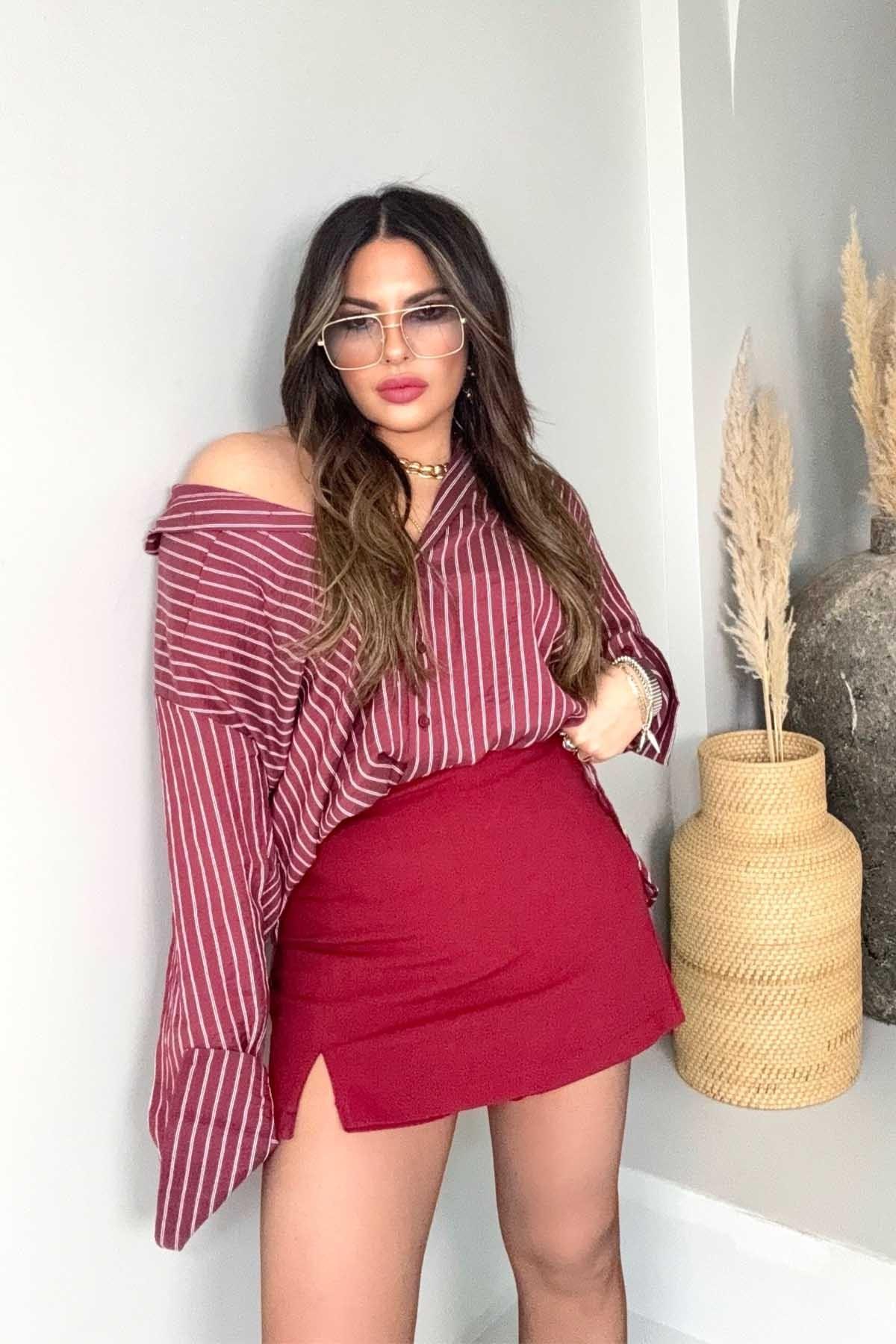 Yırtmaçlı Şort Etek Bordo