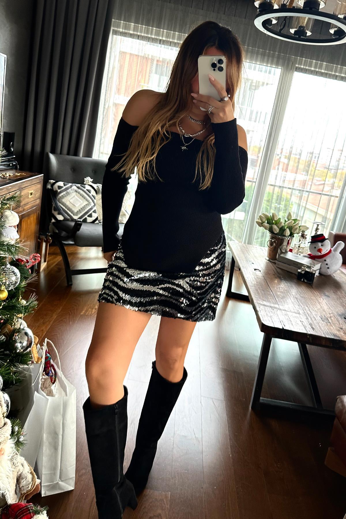 Zebra Desen Payet Etek Siyah-Gümüş