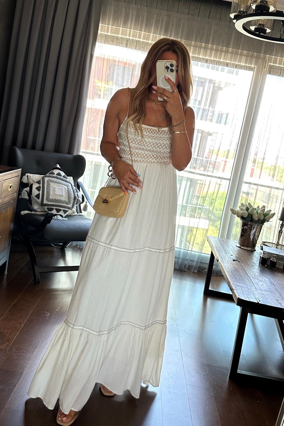 Zigzag Gipe Detaylı Askılı Elbise Ekru