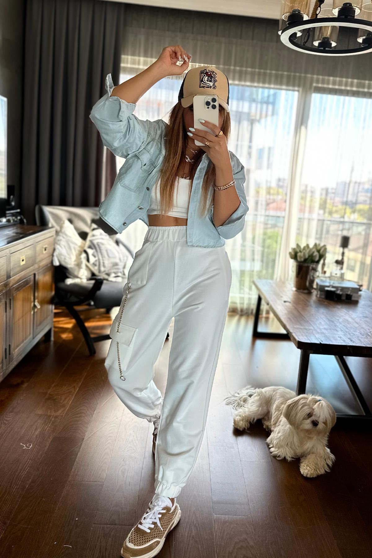 Zincirli Jogger Pantolon Ekru