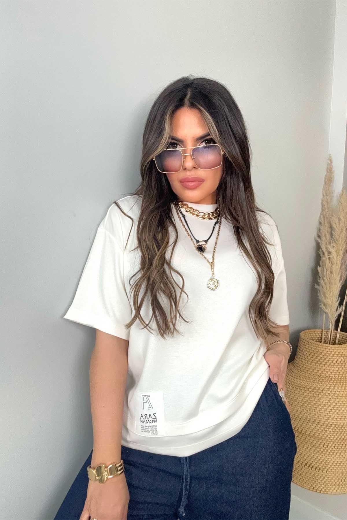 ZR Basic Bisiklet Yaka Tshirt Ekru