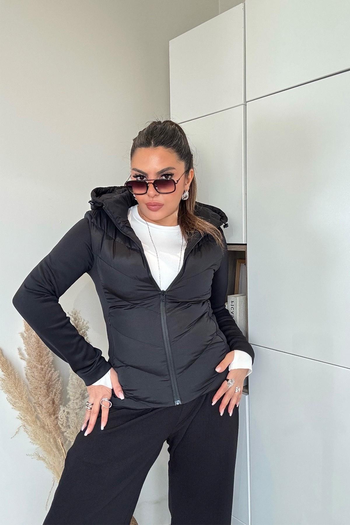 Zr Model Kontrast Şişme Mont Siyah