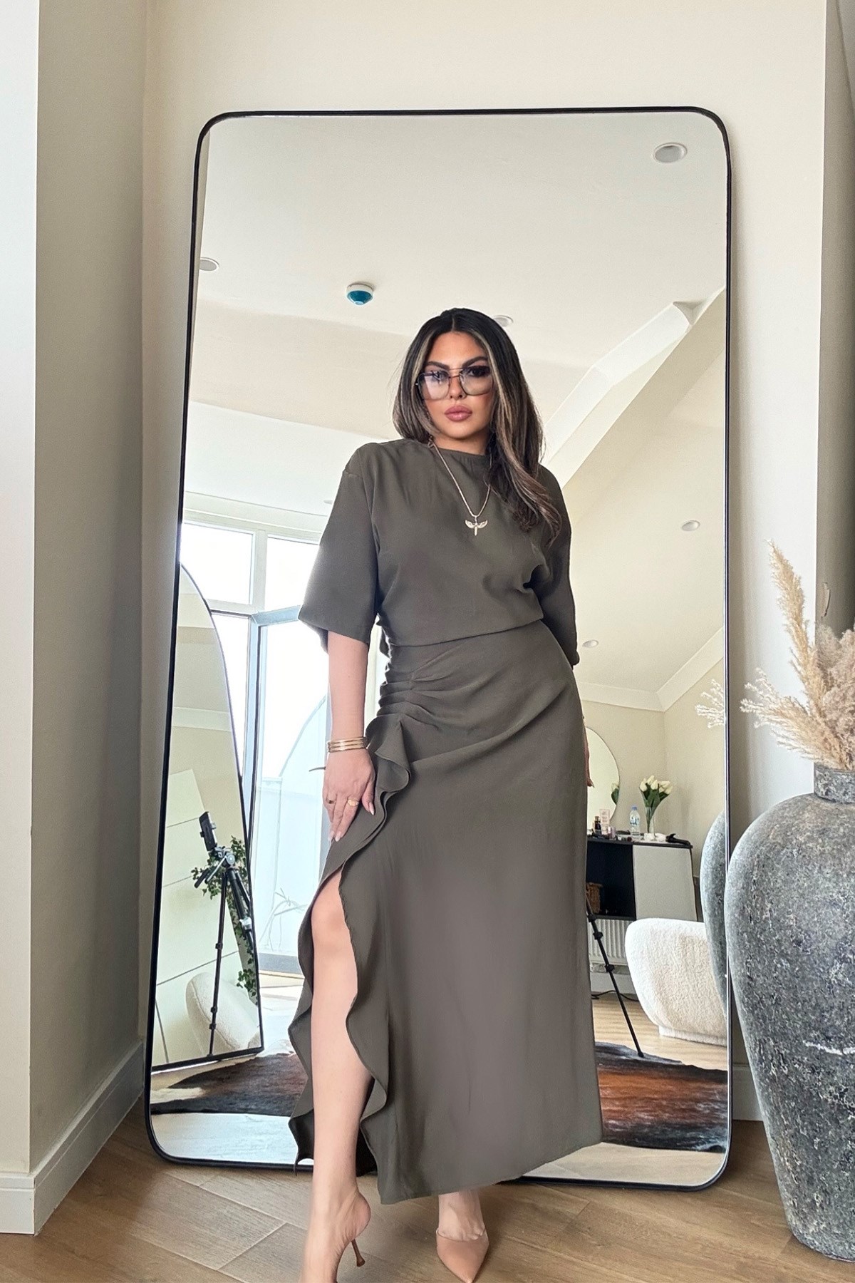 Zr Model Tencel Kumaş Yırtmaçlı Elbise Haki