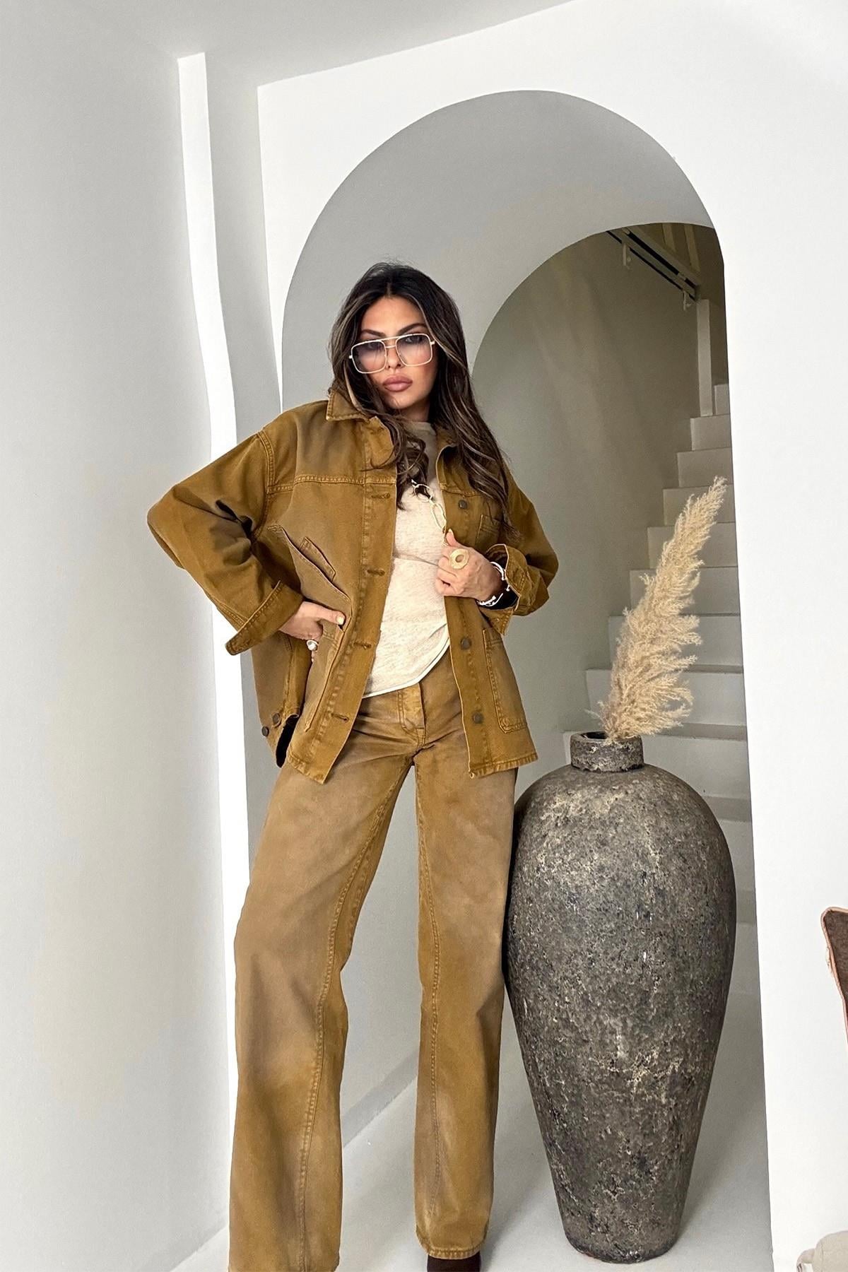 ZR Model Yıkamalı Jean Takım Hardal