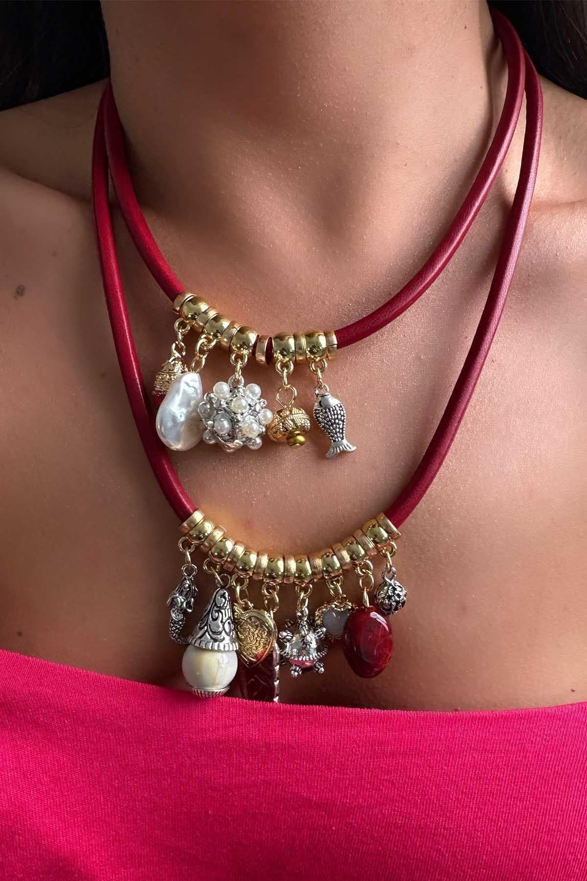 2'Li Charm Uçlu Kordon Kolye Bordo