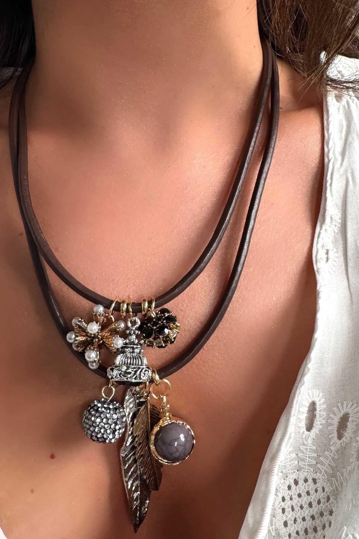 2'Li Charm Uçlu Kordon Kolye Kahverengi