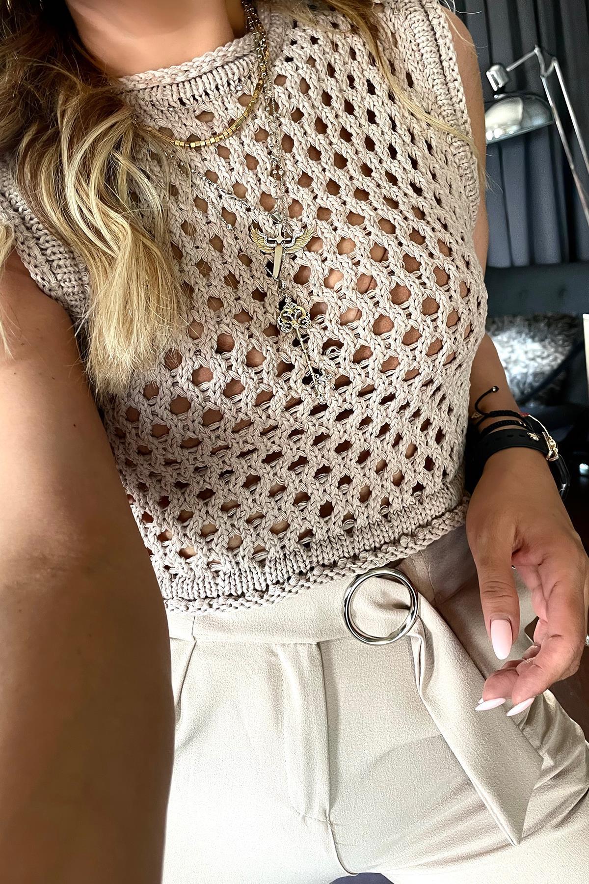 Ajurlu Crop Triko Süveter Bej