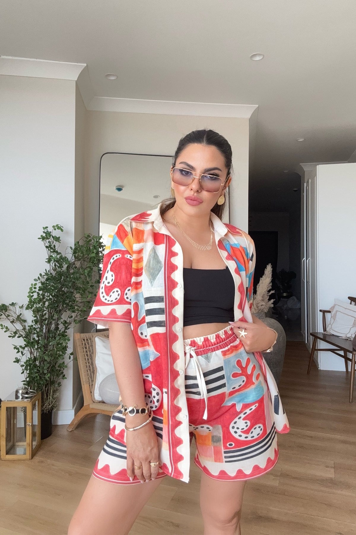 Alms Model Keten Şortlu Takım Kırmızı