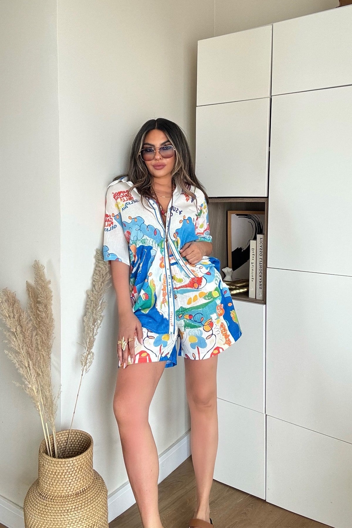 Alms Model Şortlu Keten Takım Mavi