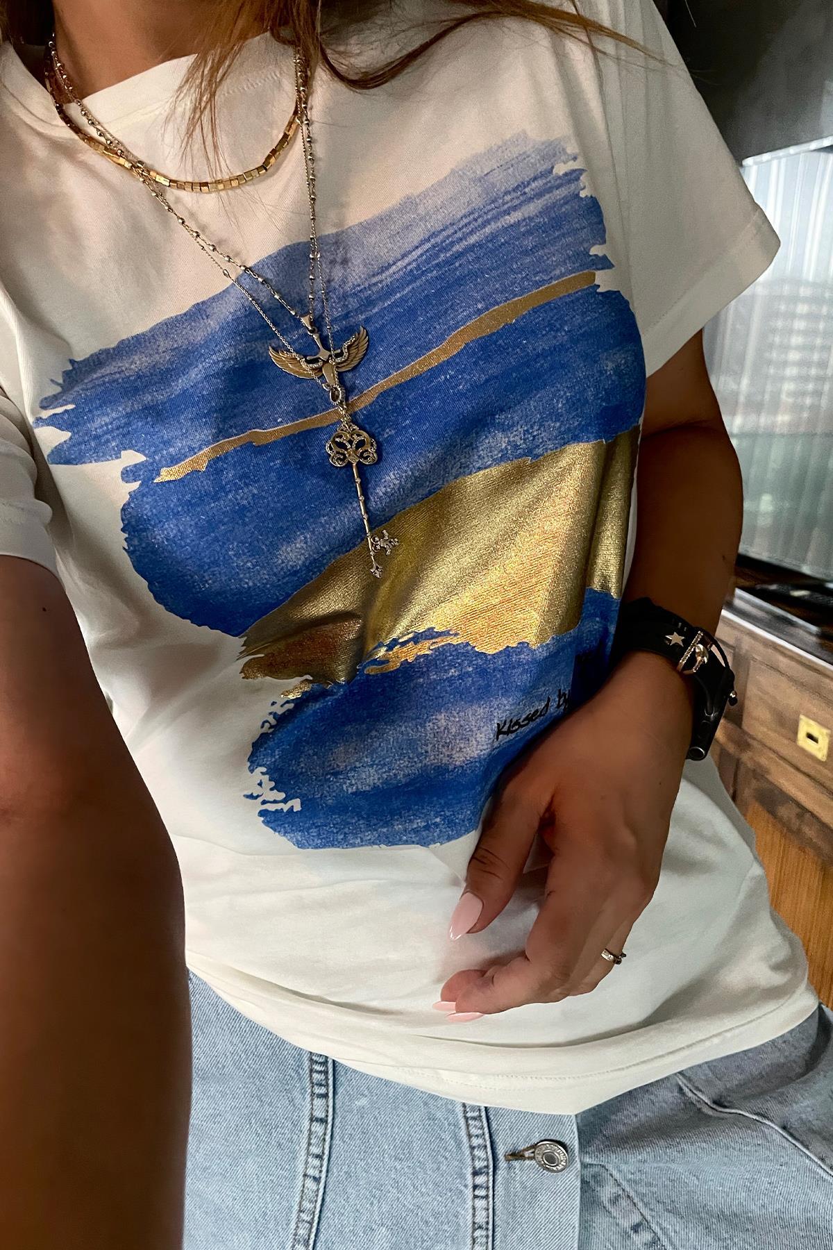Angel Nakışlı Varaklı Tshirt Ekru