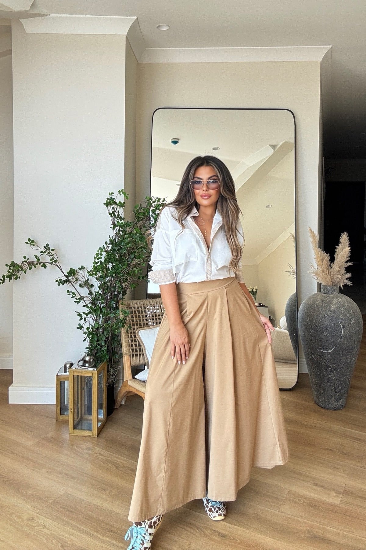 Arka Bel Lastikli Pantolon Etek Camel