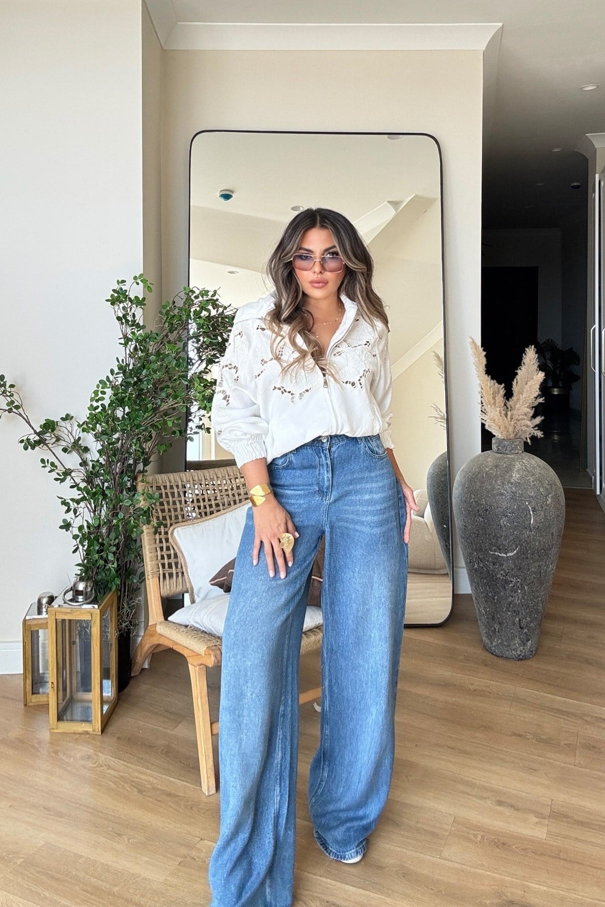 Arka Bel Lastikli Tencel Denim Jean Mavi