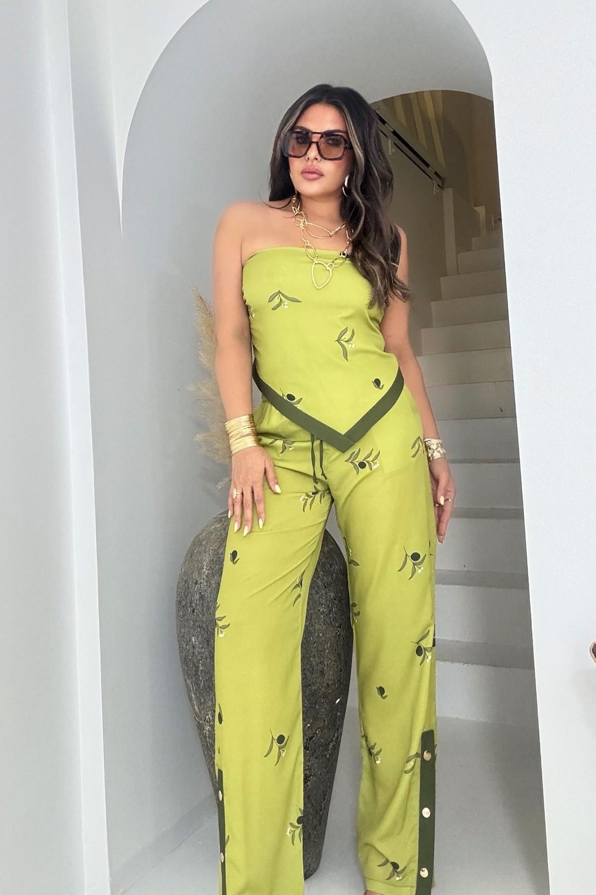 Arkası Bağlamalı Şal Model Bluz Pantolon Takım Fıstık Yeşili