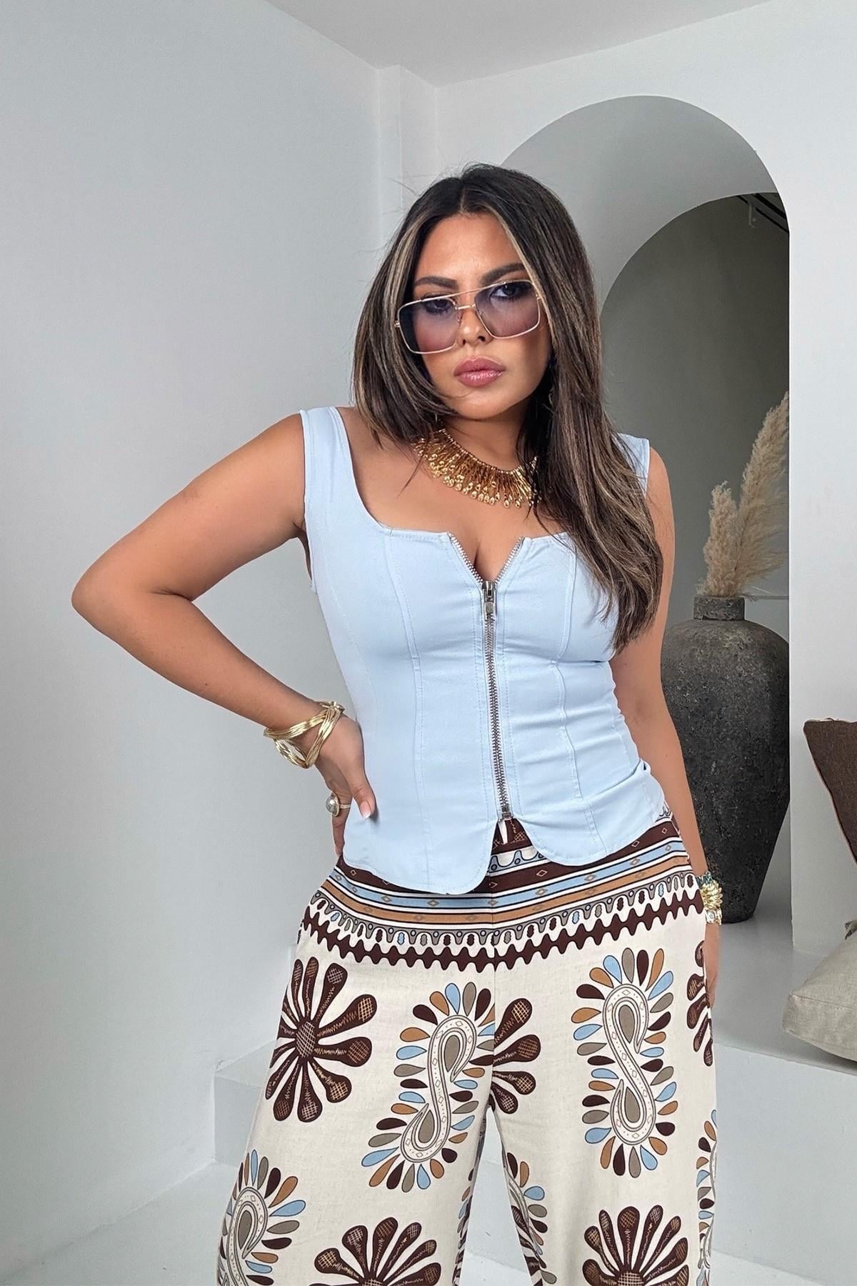 Askılı Korsajlı Jean Büstiyer Bebe Mavi