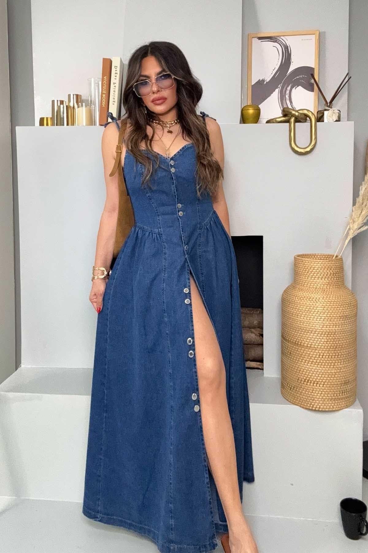 Askılı Korsajlı Jean Elbise Lacivert