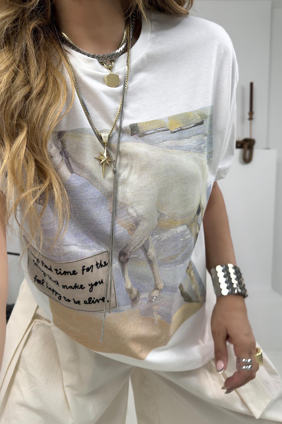 At Silüetli Tshirt Ekru