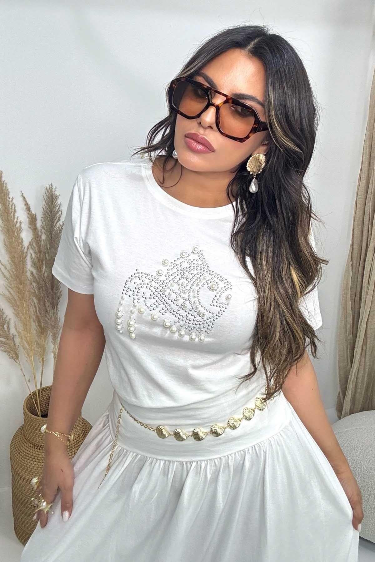 Balık Desen İncili Tshirt Ekru