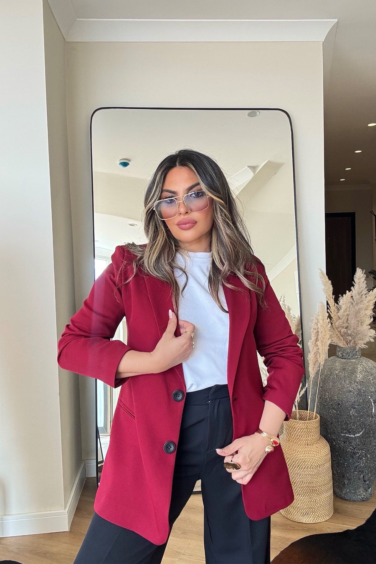 Basic İki Düğme Blazer Ceket Bordo