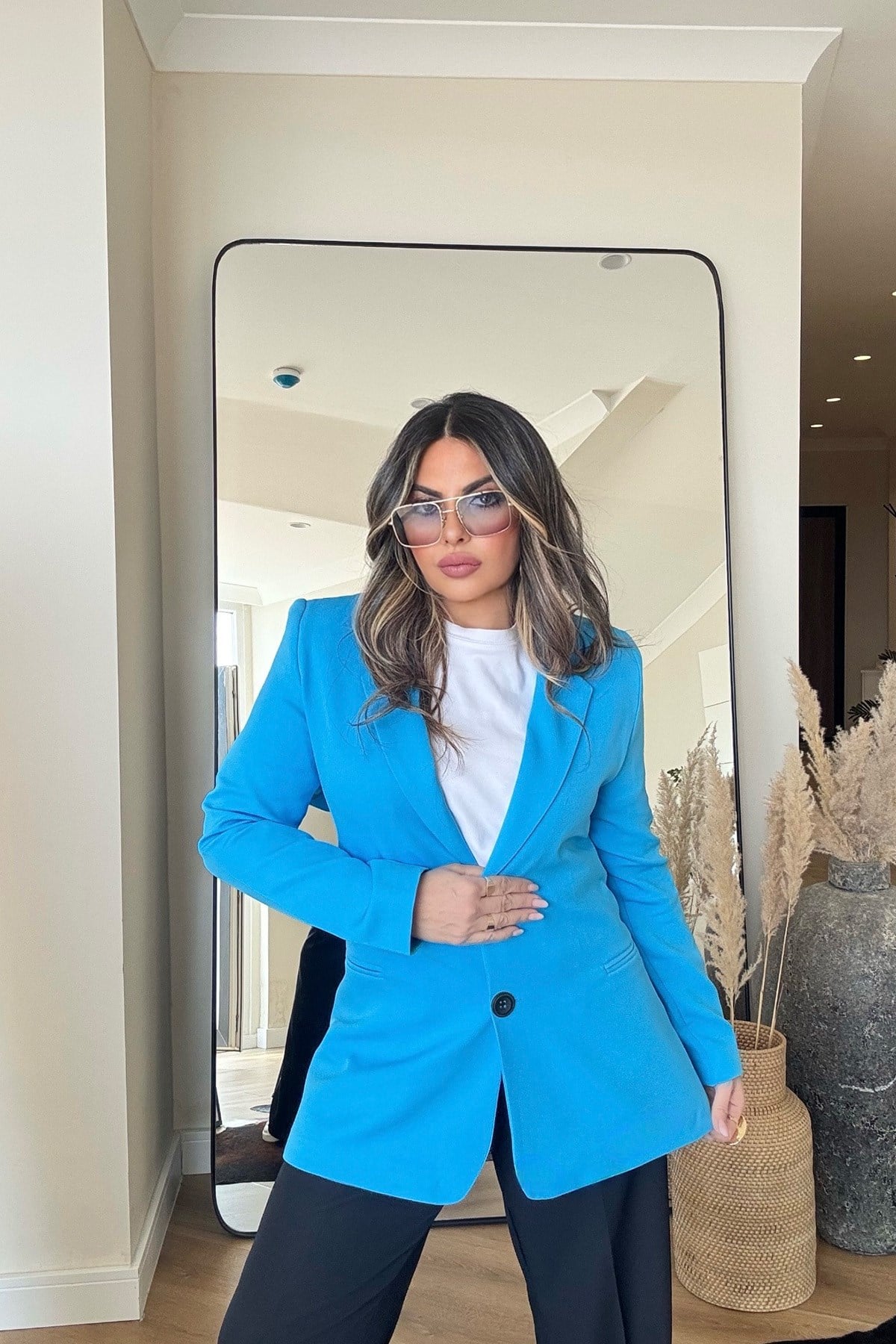 Basic İki Düğme Blazer Ceket Turkuaz