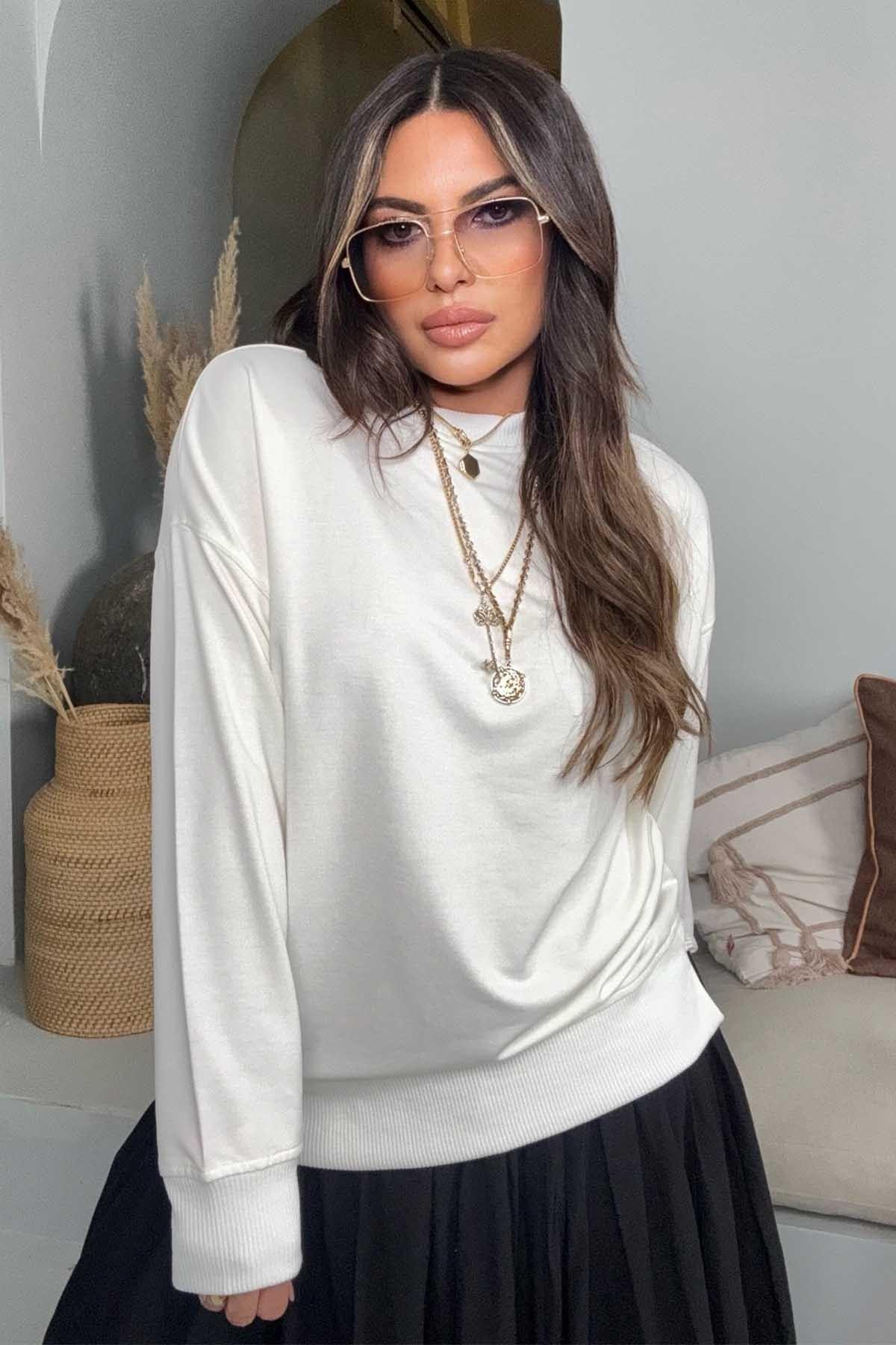 Basic Mini Yan Yırtmaçlı Sweatshirt Ekru