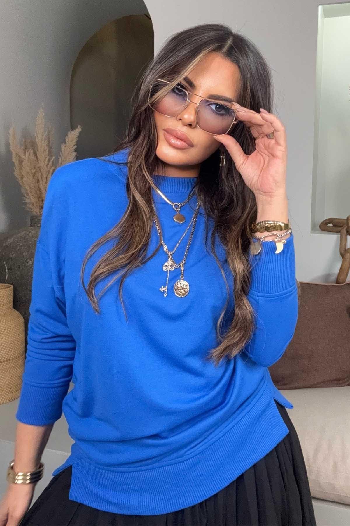 Basic Mini Yan Yırtmaçlı Sweatshirt Saks