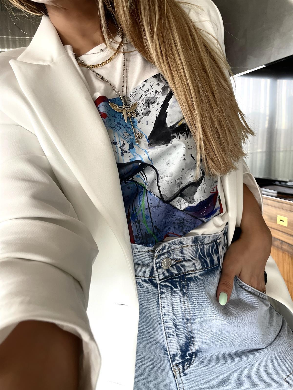Baskılı Cubes  Tshirt Ekru