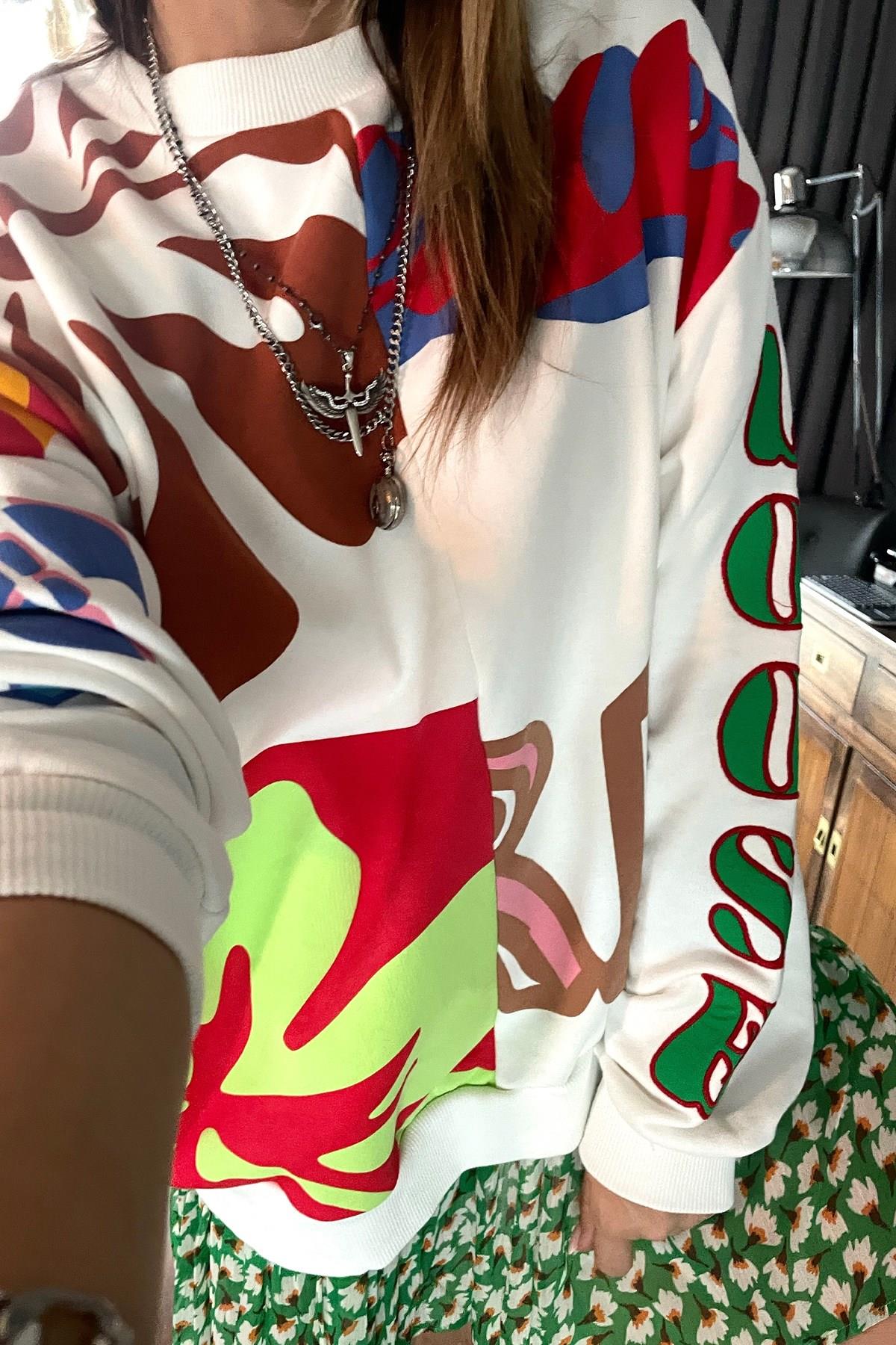 Baskılı Sweatshirt Ekru
