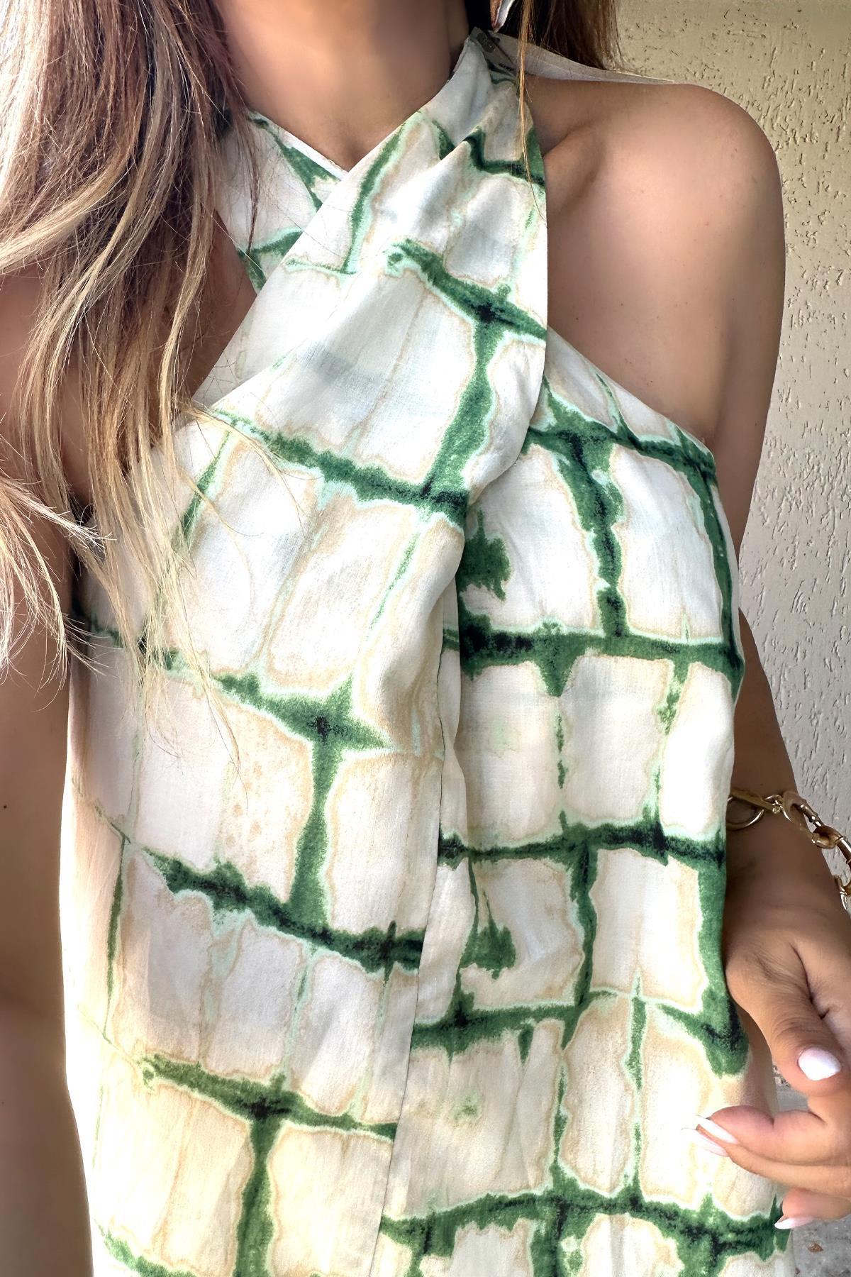 Batik Desen Çapraz Askı Bluz Yeşil
