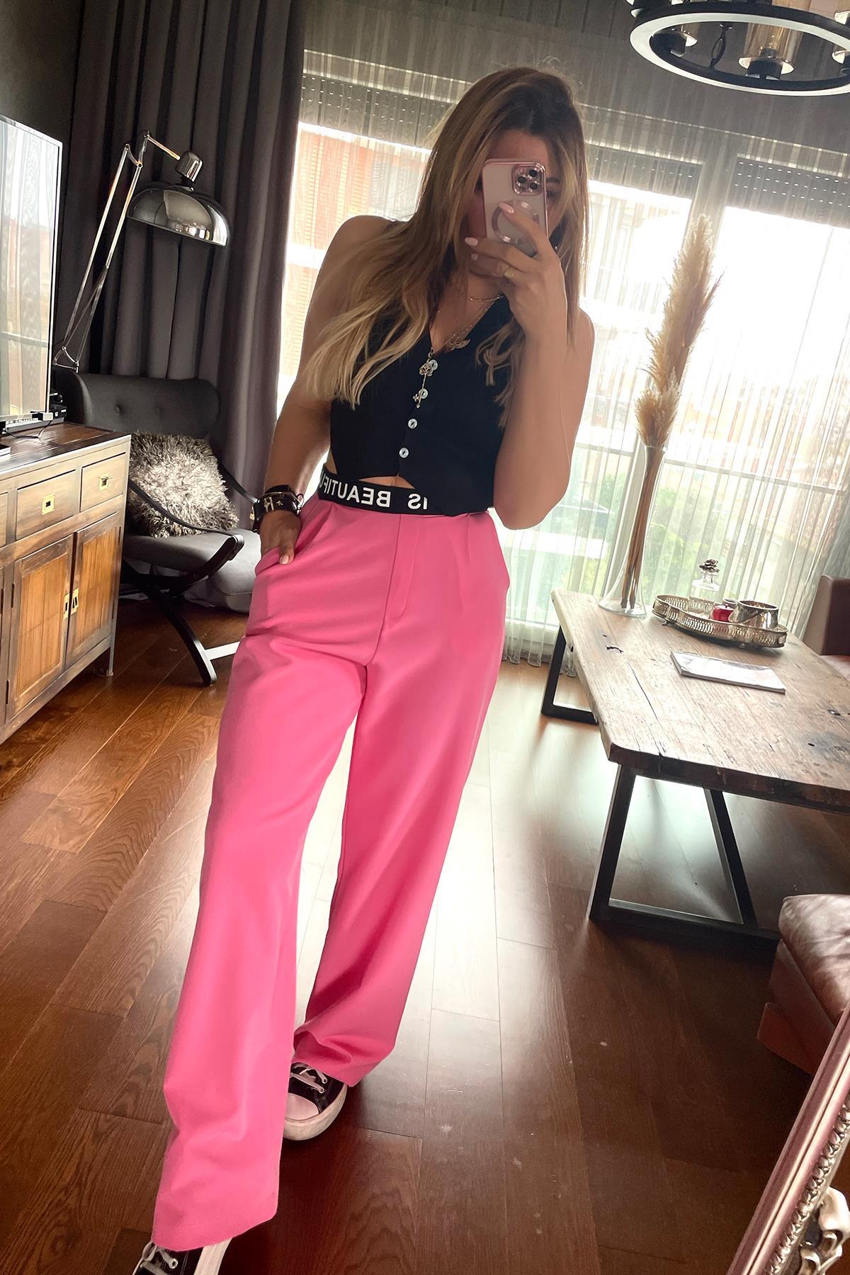 Beli Lastik Detaylı Palazzo Pantolon Pembe