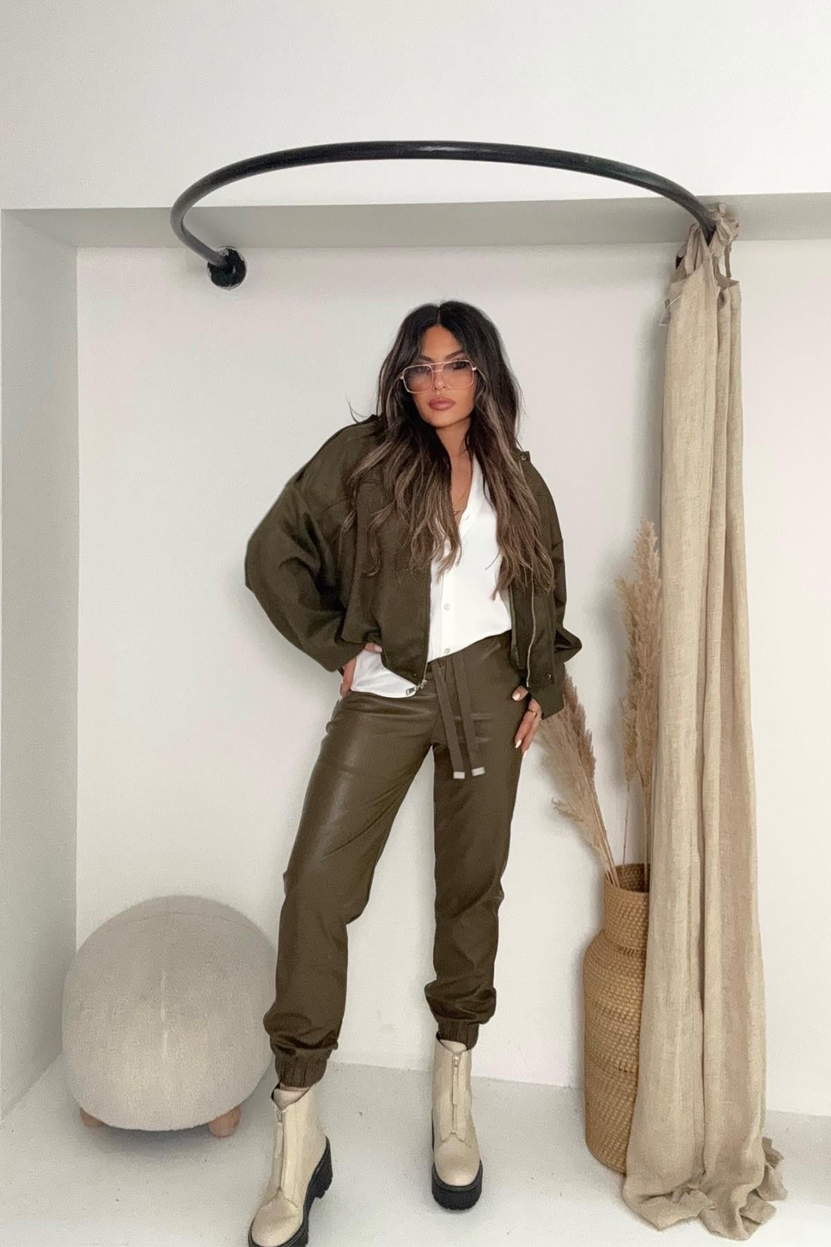 Beli Lastikli Jogger Deri Pantolon Haki
