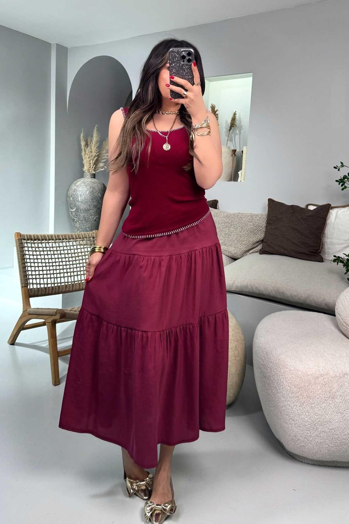 Beli Lastikli Kloş Etek Bordo
