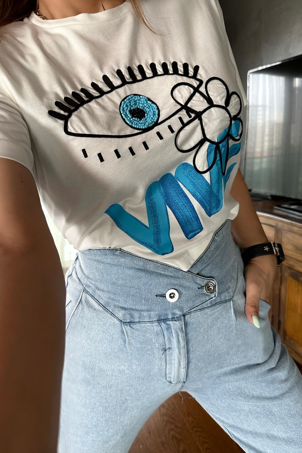 Boncuklu Göz Tshirt Ekru