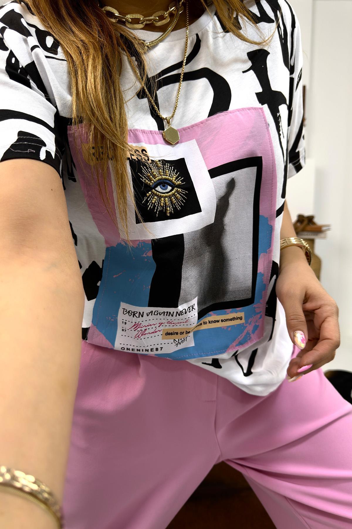 Boncuklu Reckless Tshirt Renkli