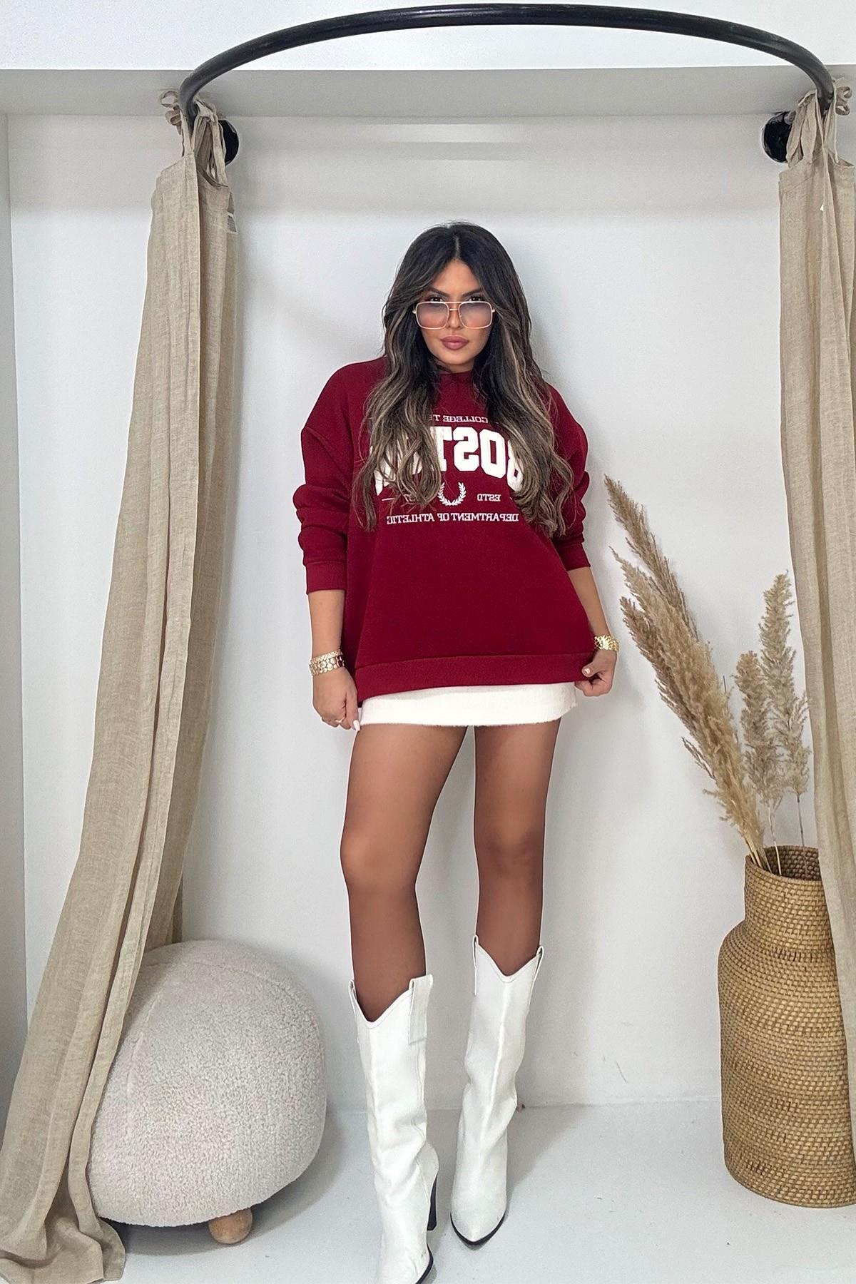 Boston Kürk Yazı Detay Sweatshirt Bordo