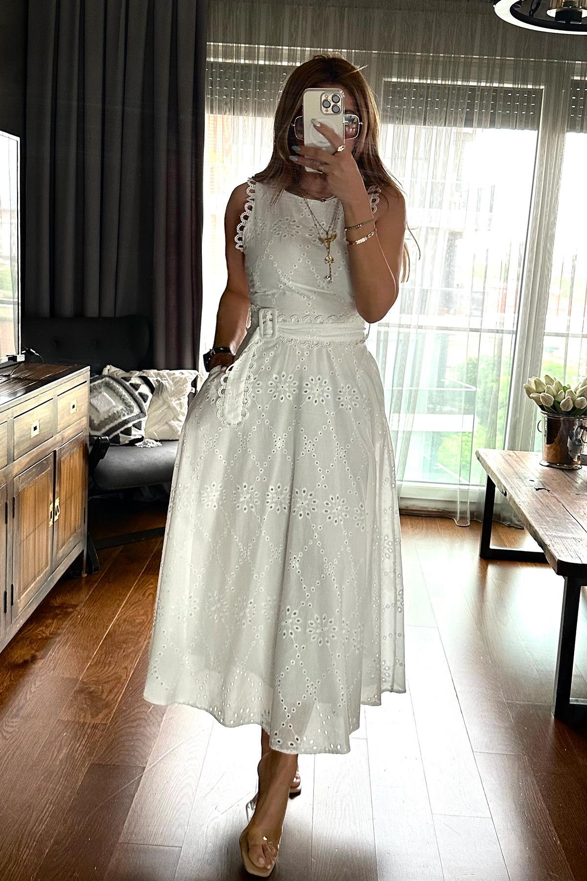 Brode Dantelli Elbise Ekru