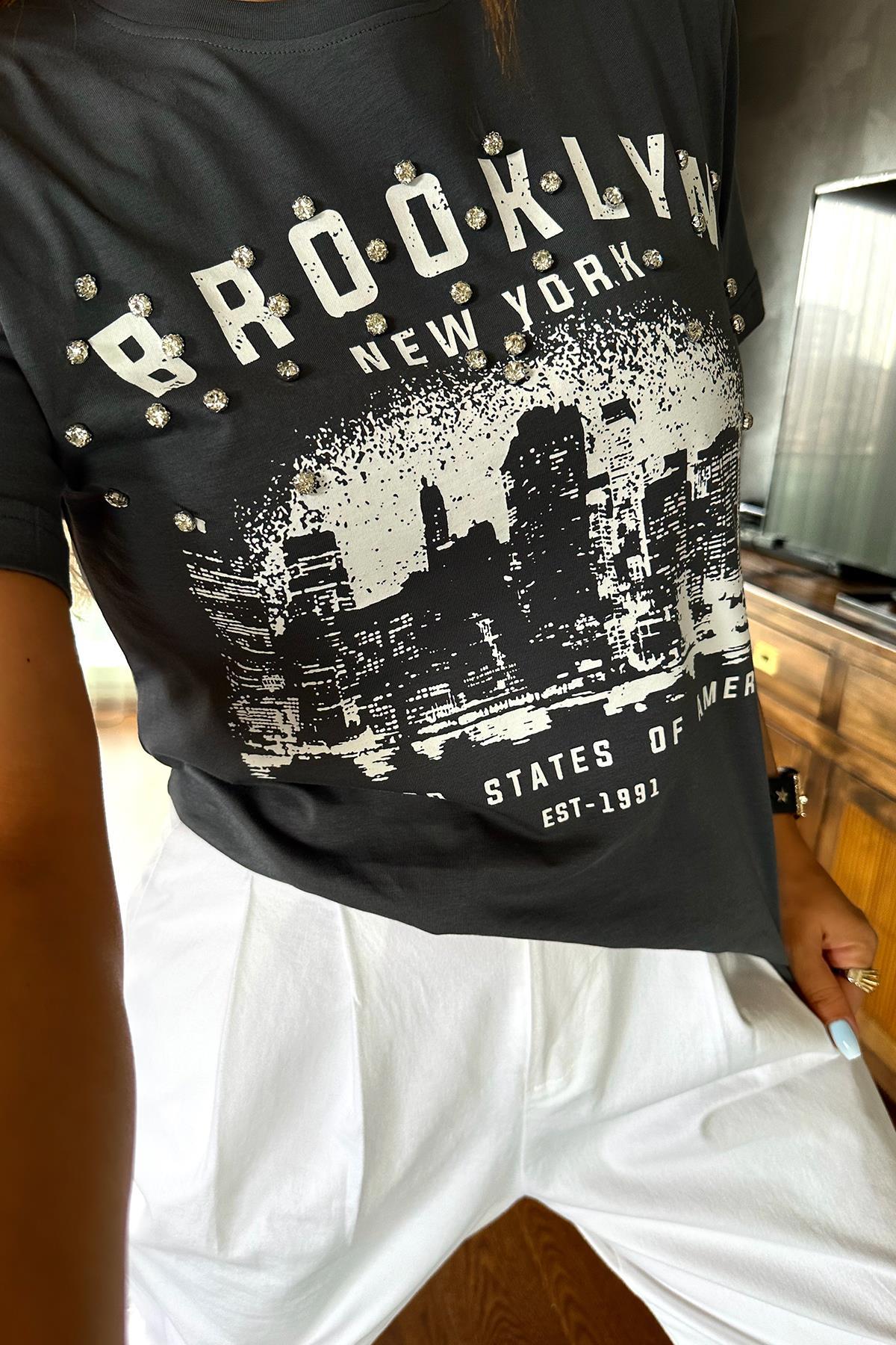 Brooklyn Taşlı Tshirt Gri