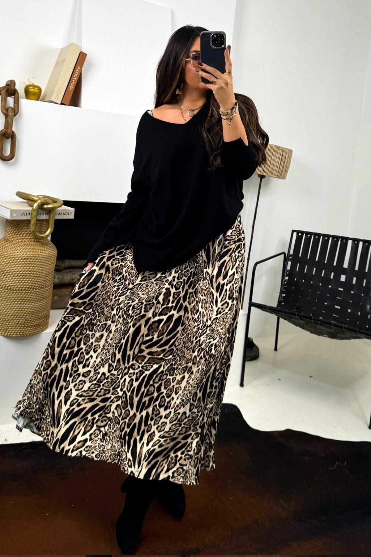Buruşuk Viskon Saten Zebra Leopar Etek Renkli