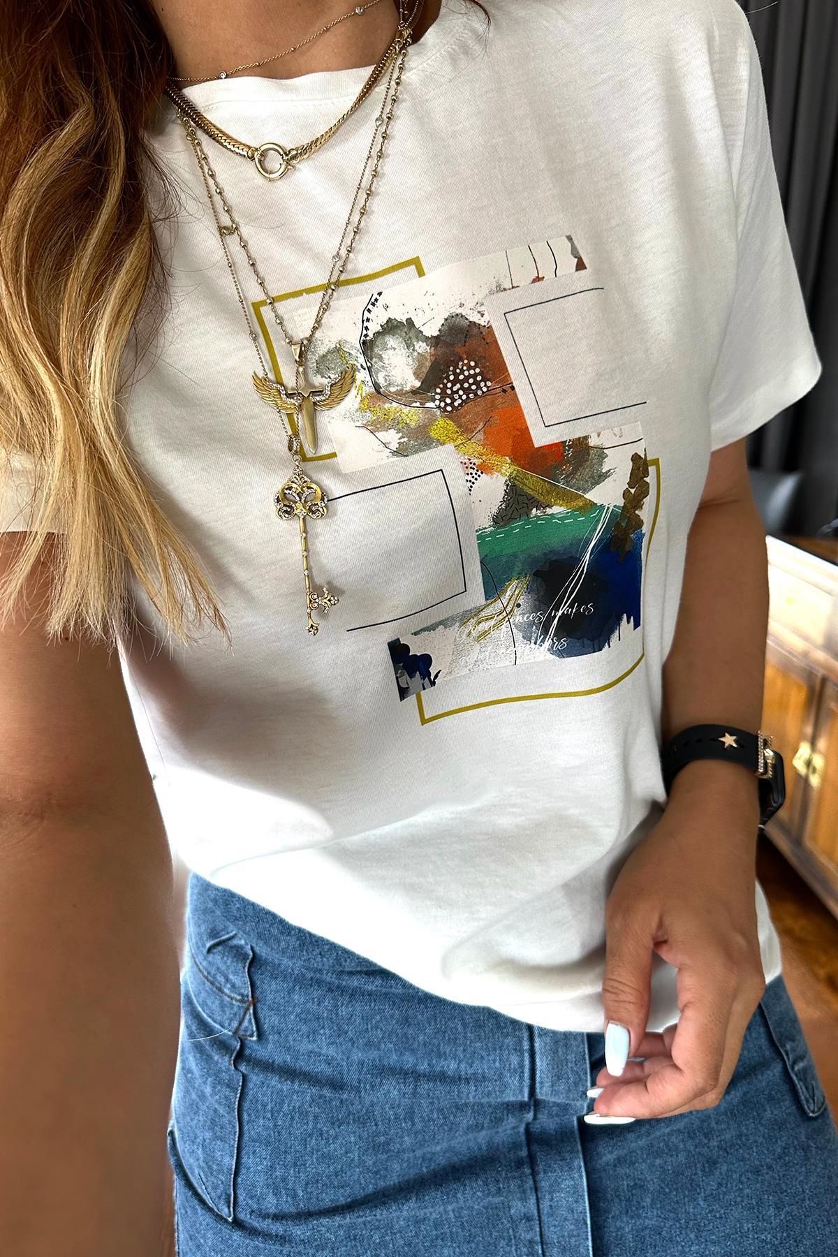 Çerçeve Desen Tshirt Ekru