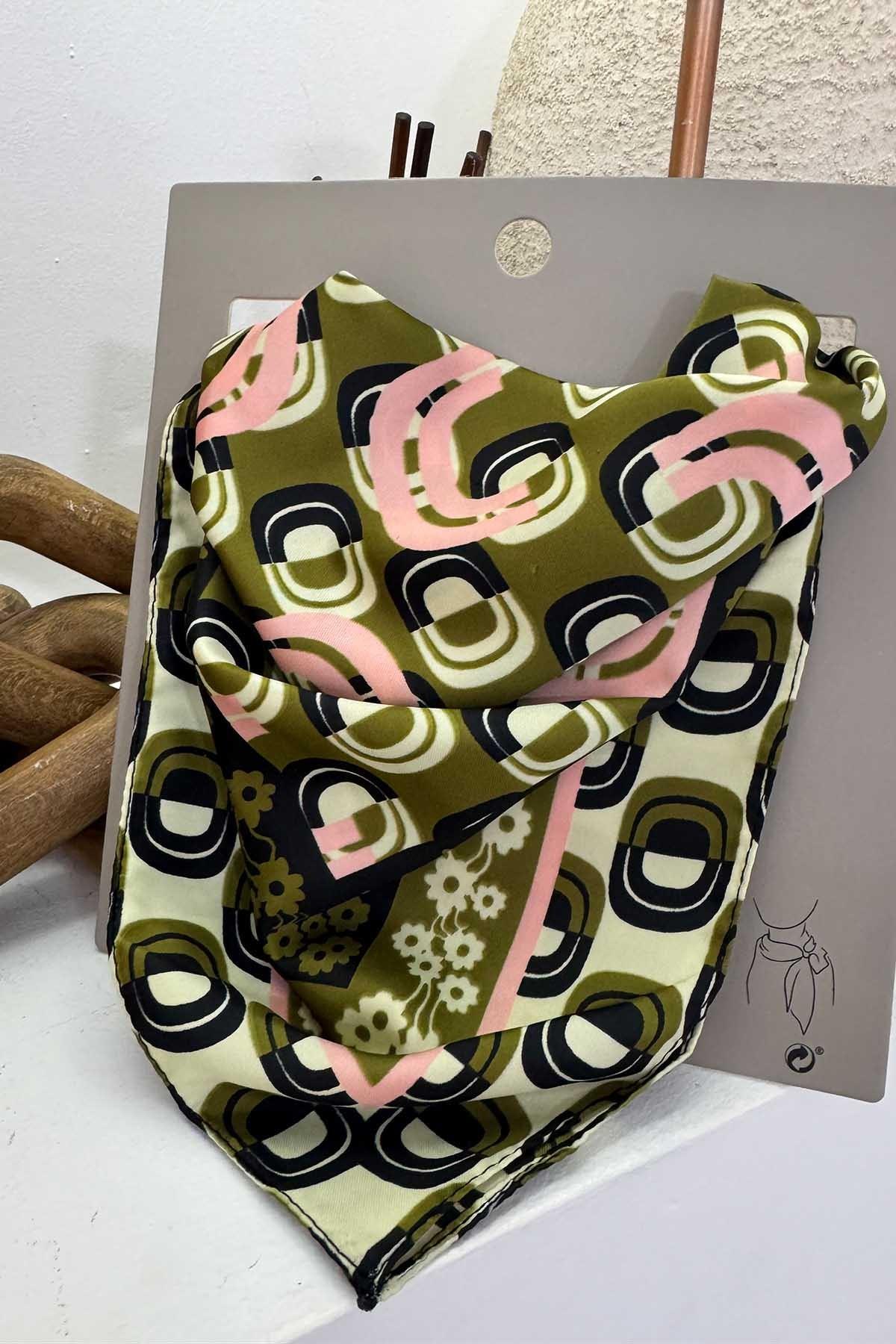 Çiçek Desenli Fular Haki-Pembe