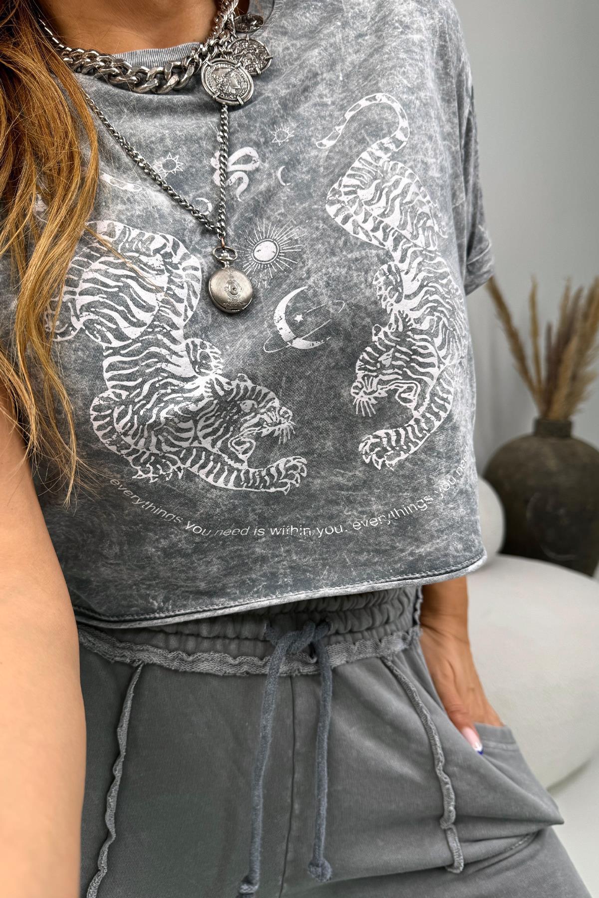 Çift Kaplan Yıkamalı Crop Tshirt Açık Gri