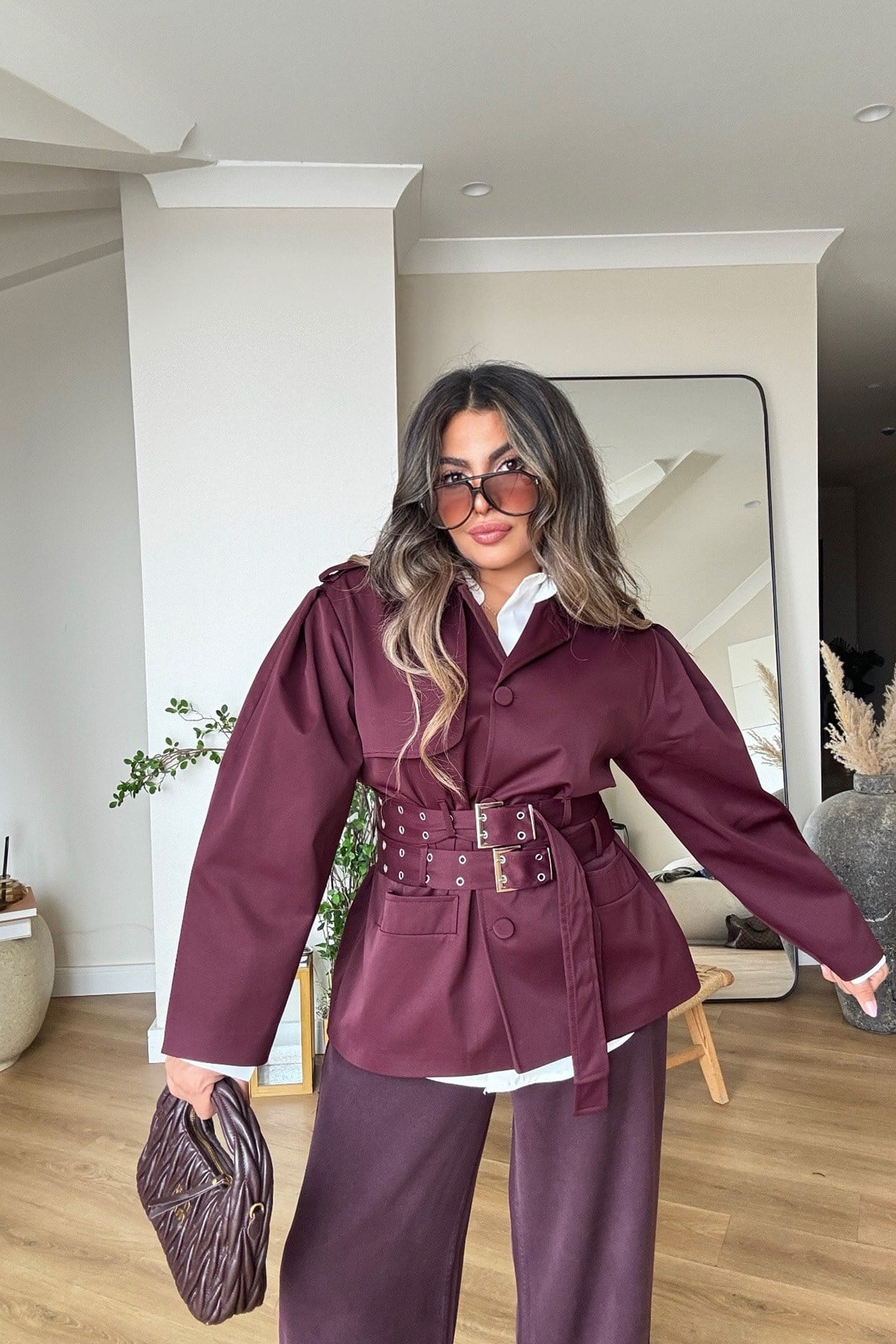 Çift Kemer Detaylı Trenchcoat Mürdüm