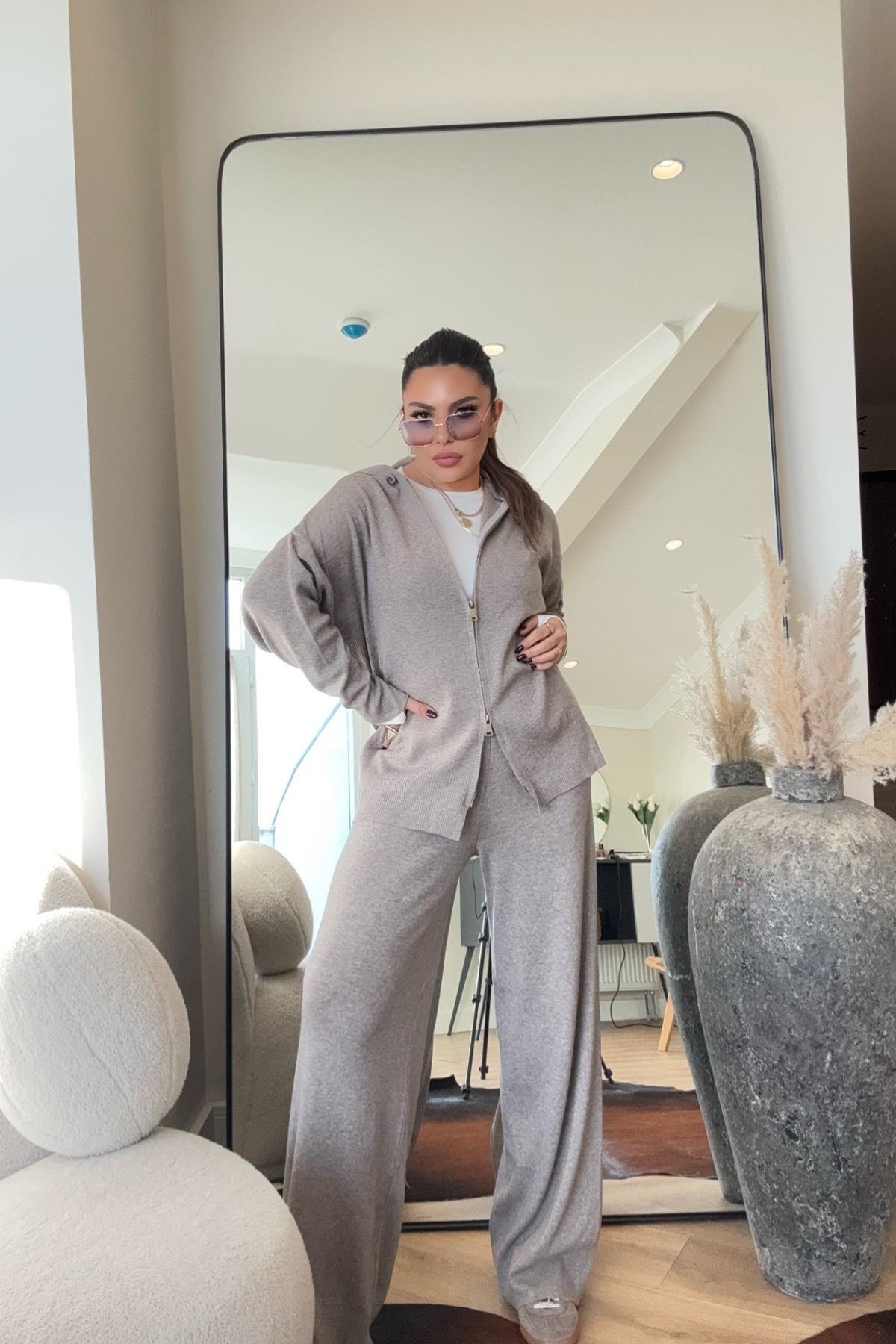 Çift Yön Fermuar Detaylı İnce Triko Takım Vizon