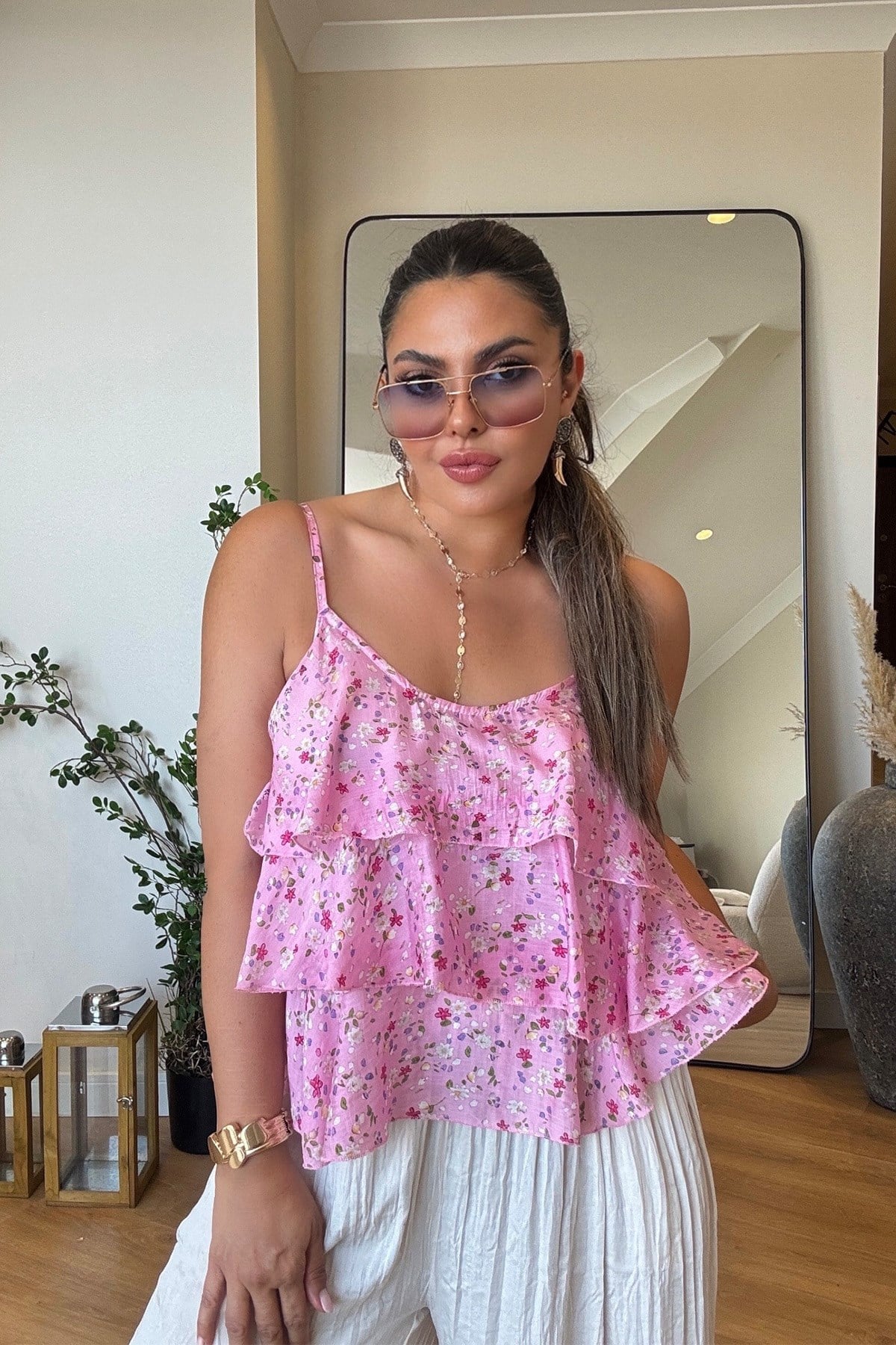Çıtır Çiçekli Volanlı Bluz Pembe