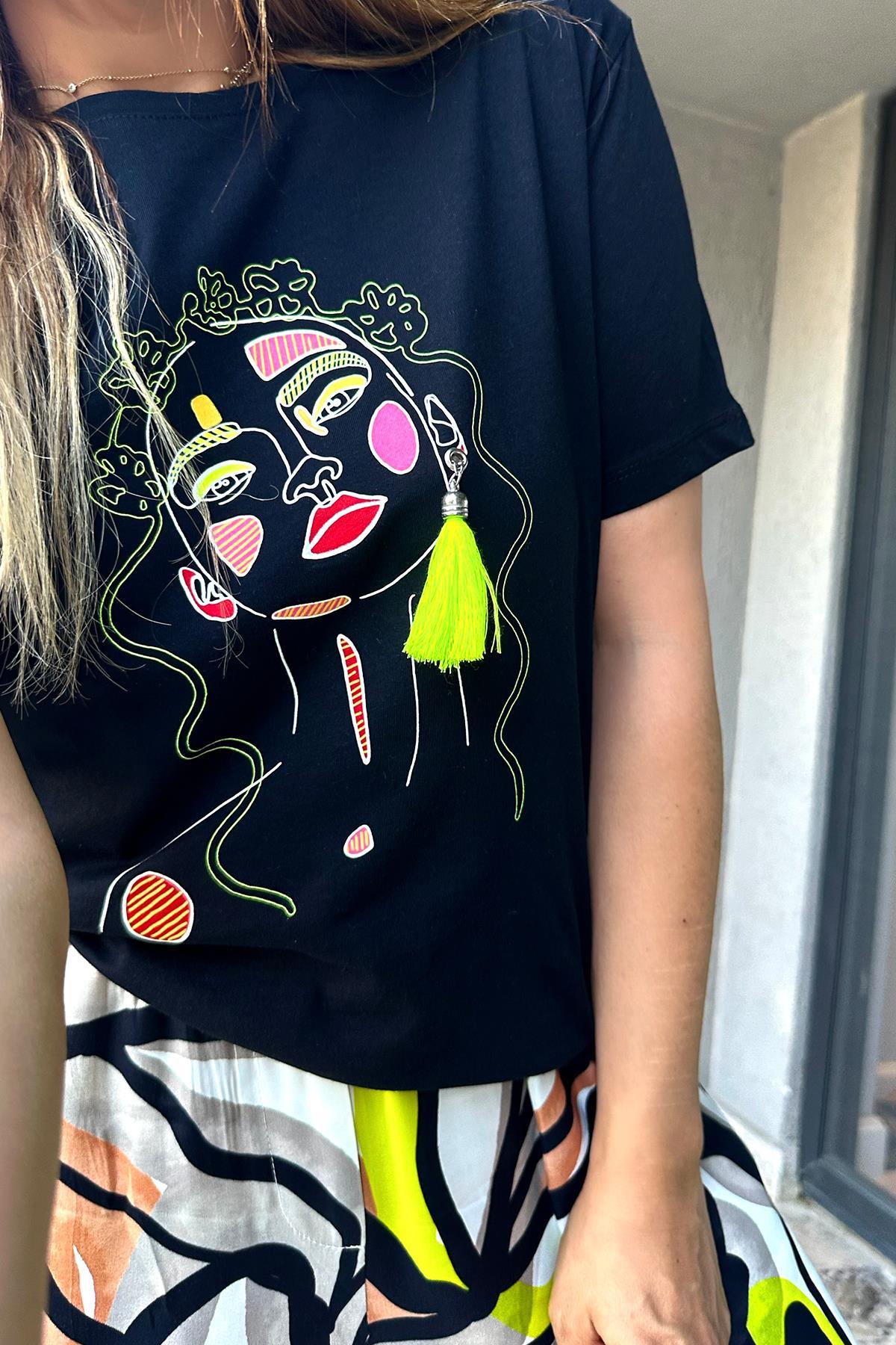 Çizgi Kadın Tshirt Siyah