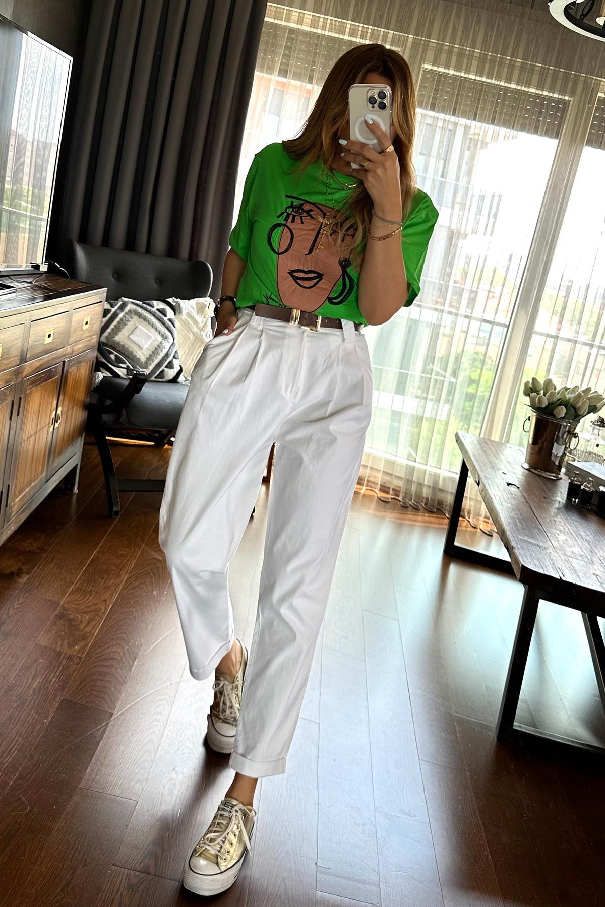Çizgi Kadın Tshirt Yeşil