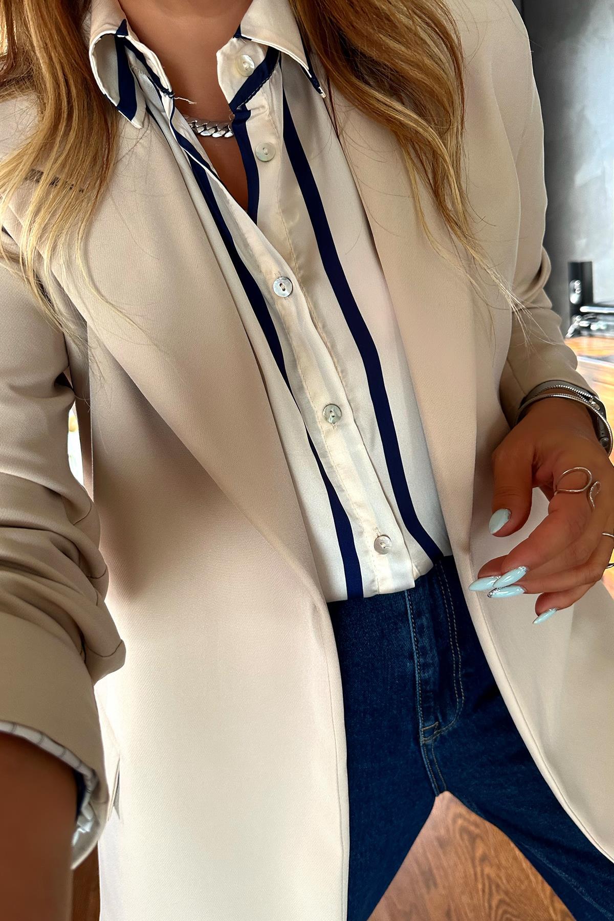 Çizgili Kol Katlama Astarlı Blazer Ceket Taş