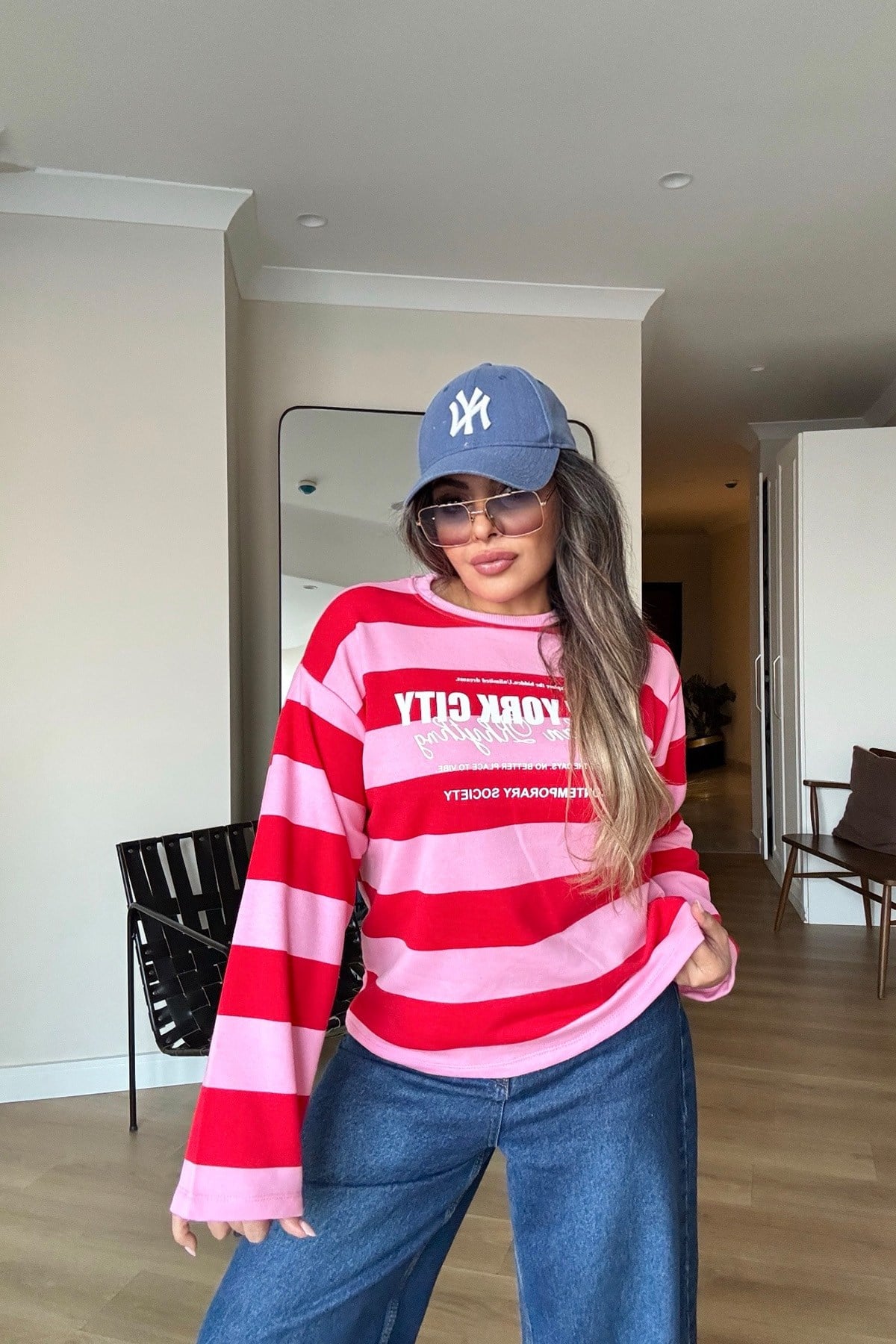 Çizgili Newyork İnce Sweat Pembe-Kırmızı