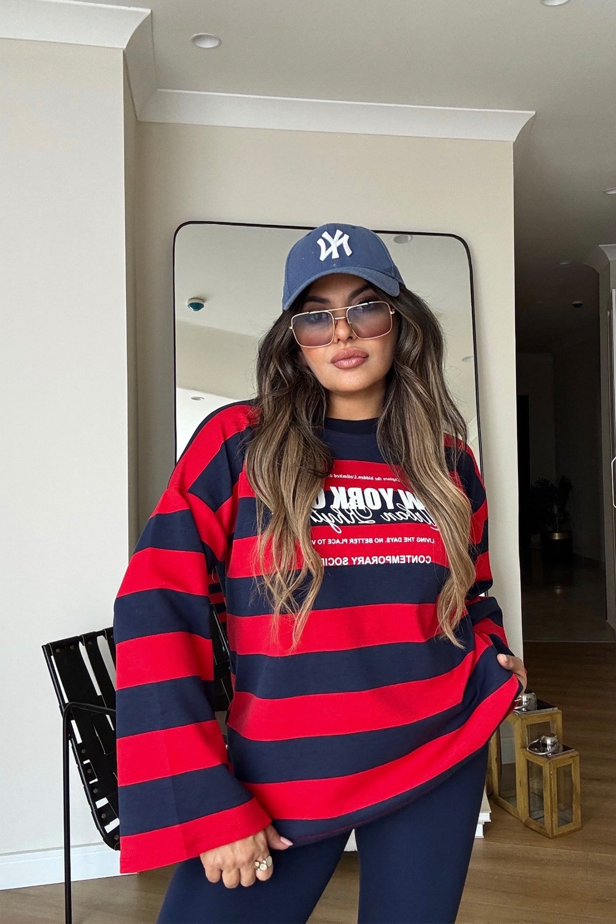 Çizgili Newyork Oversize Sweat Lacivert-Kırmızı